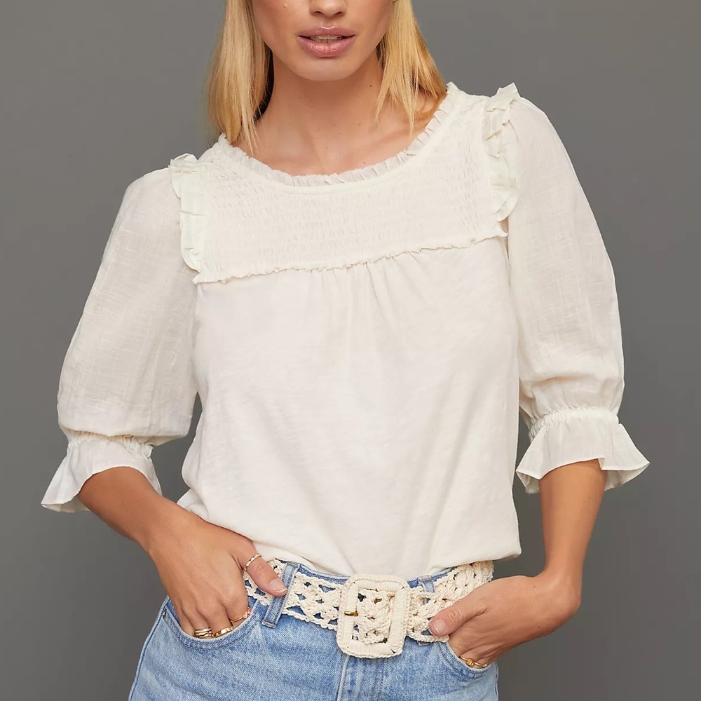 By Anthropologie Smocked Puff Sleeve Knit Top 100% Cotton Cream Blouse Size M